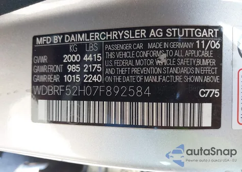 2007 Mercedes-Benz C 230 Sport from USA, damaged, VIN WDBRF52H07F892584